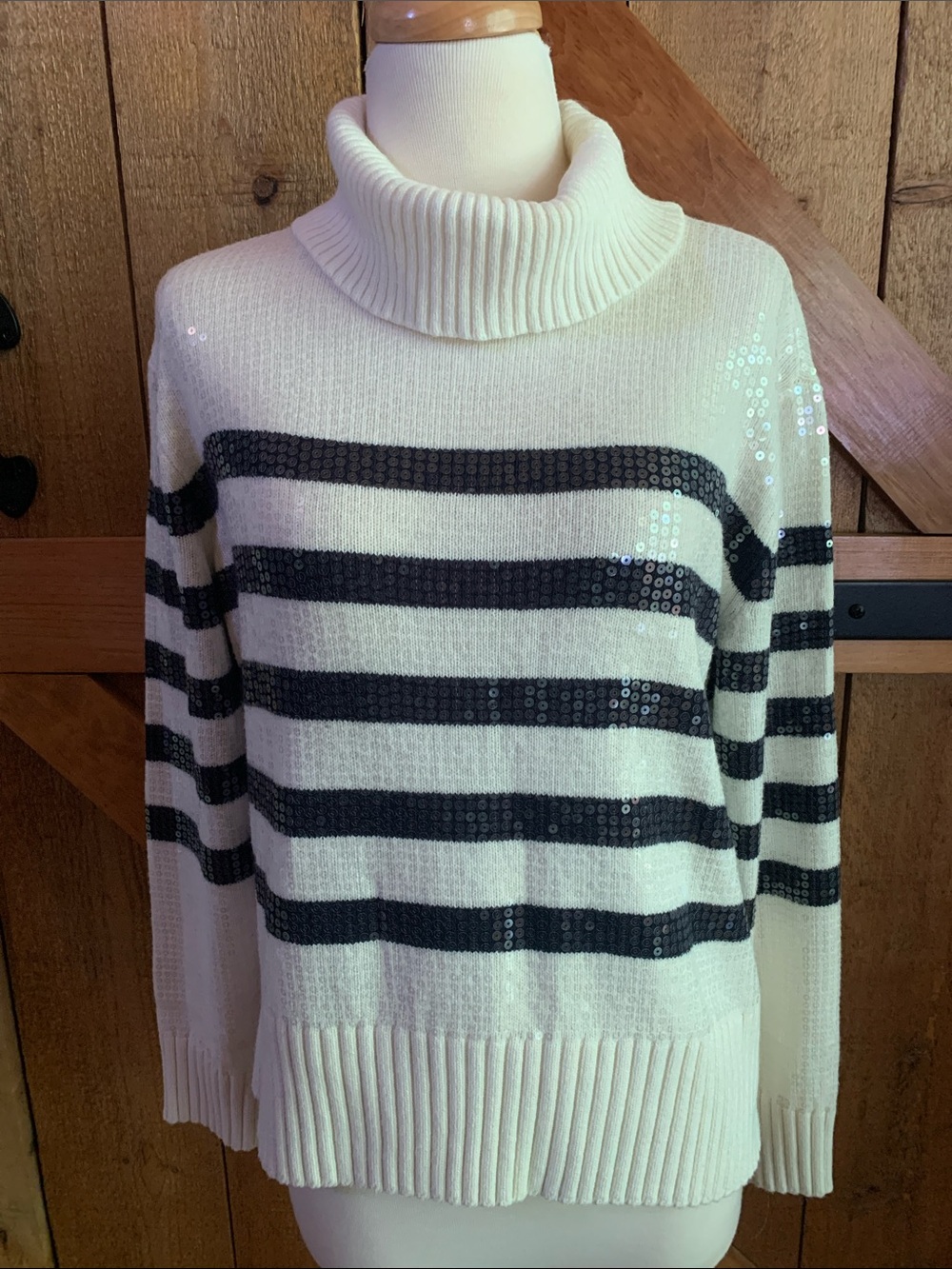 Women's TALBOTS Cream Striped Turtleneck Sweater with Black Sequin Stripes Sz M